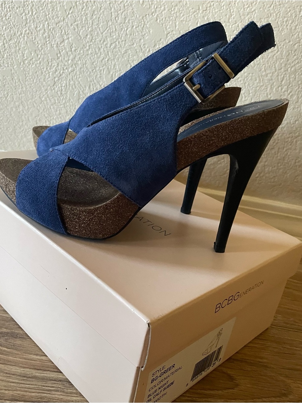 BCBGeneration Navy Suede Crisscross Platform Slingback Heels